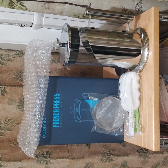 French Press Coffee Maker 34oz Large Stainless + Glass Set w/ Cups Brush Spoon - Picture 3 of 7